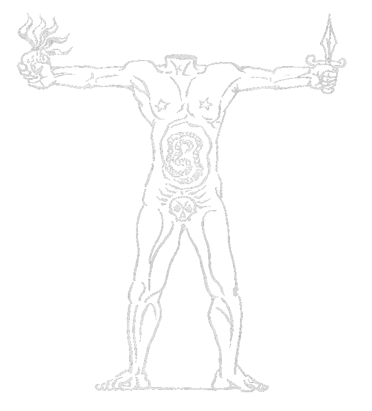 A drawing of a headless man standing arms wide like the vitruvian man. A
dagger in his left hand, a bundle of flames or a shrunken head in his right. His
nipples are stars, his stomach a maze. A skull is found where the genitals would
be.