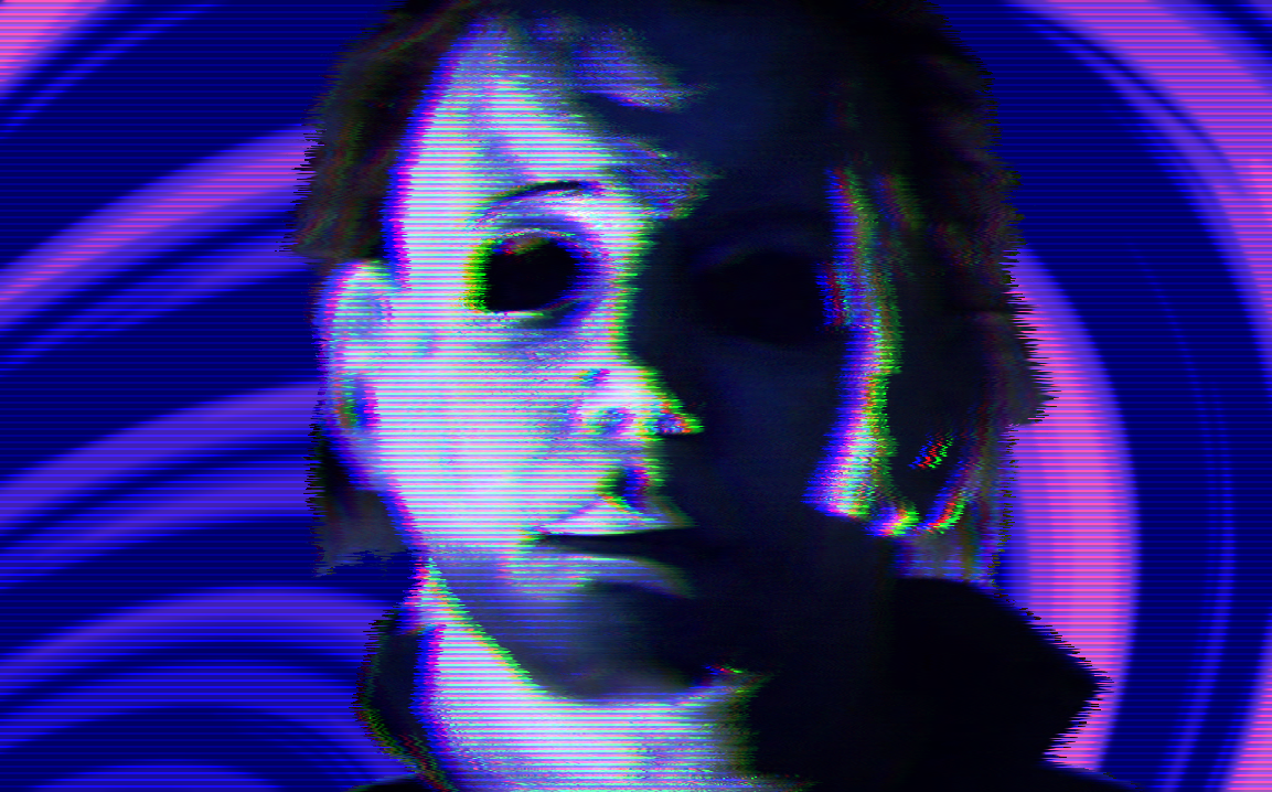 Close up of Michael Meyer in his mask, but vaporwave.