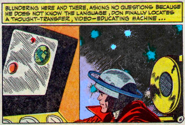 50s comic panel showing a thought transfer video-educating machine